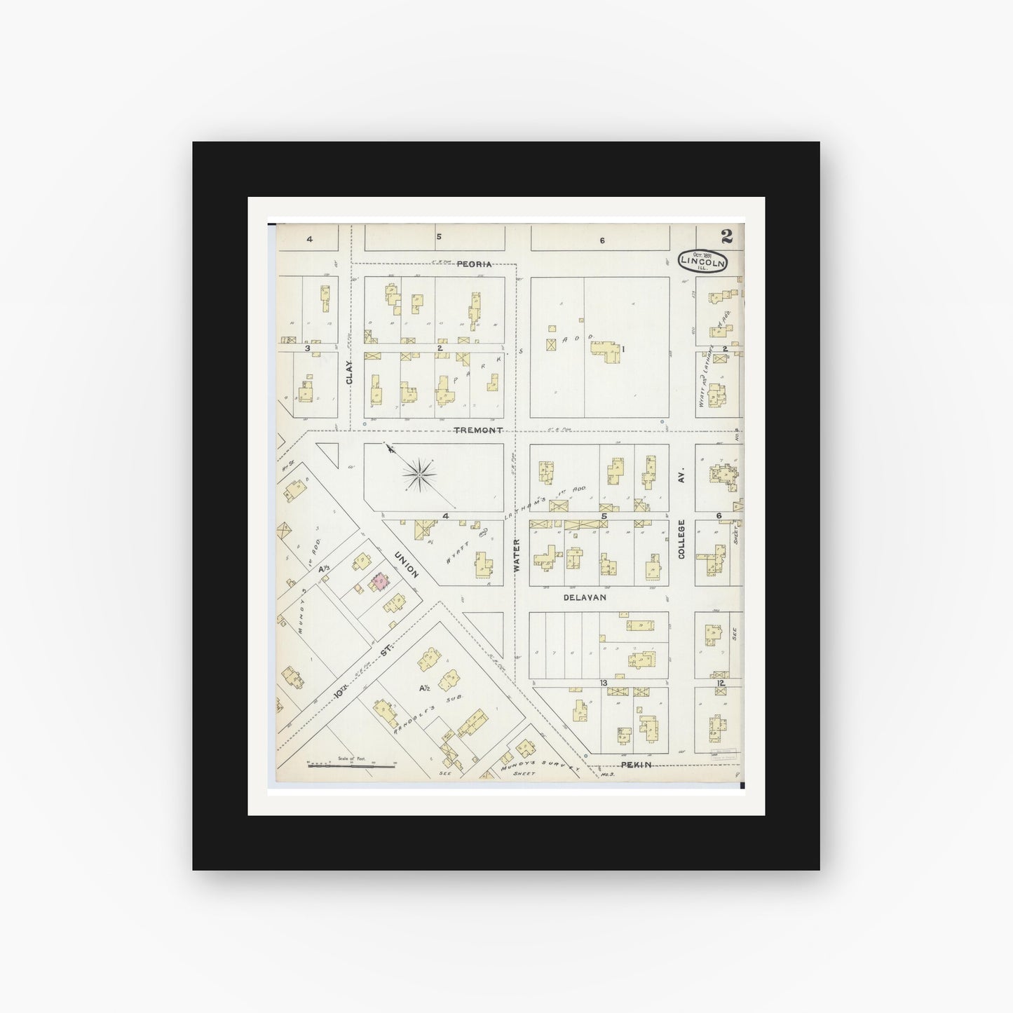 Old map wall art mockup — black gallery frame with white mat — Sanborn Fire Insurance Map from Lincoln, Logan County, Illinois (1891), Sheet #0002