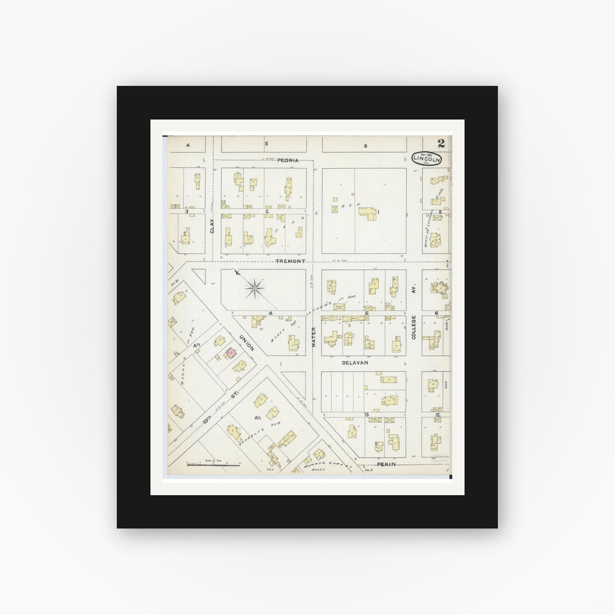Old map wall art mockup — black gallery frame with white mat — Sanborn Fire Insurance Map from Lincoln, Logan County, Illinois (1891), Sheet #0002