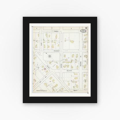 Old map wall art mockup — black gallery frame with white mat — Sanborn Fire Insurance Map from Lincoln, Logan County, Illinois (1891), Sheet #0002