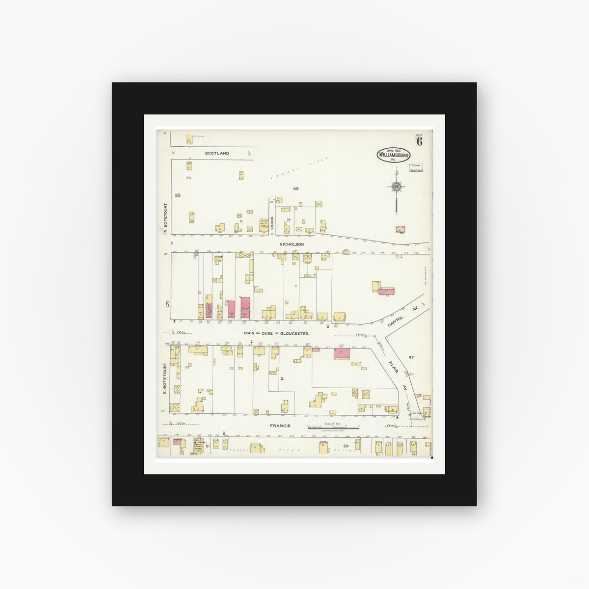 Old map wall art mockup — black gallery frame with white mat — Sanborn Fire Insurance Map from Williamsburg, Independent Cities, Virginia (1921), Sheet #0006