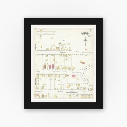 Old map wall art mockup — black gallery frame with white mat — Sanborn Fire Insurance Map from Williamsburg, Independent Cities, Virginia (1921), Sheet #0006
