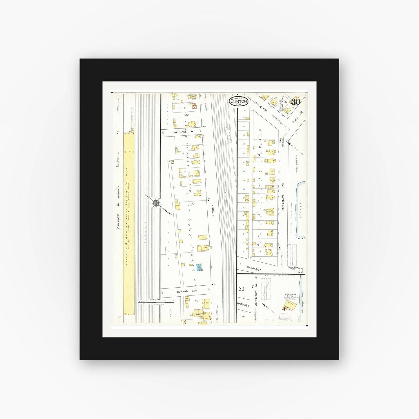 Old map wall art mockup — black gallery frame with white mat — Sanborn Fire Insurance Map from Clinton, Clinton County, Iowa (1917), Sheet #0030