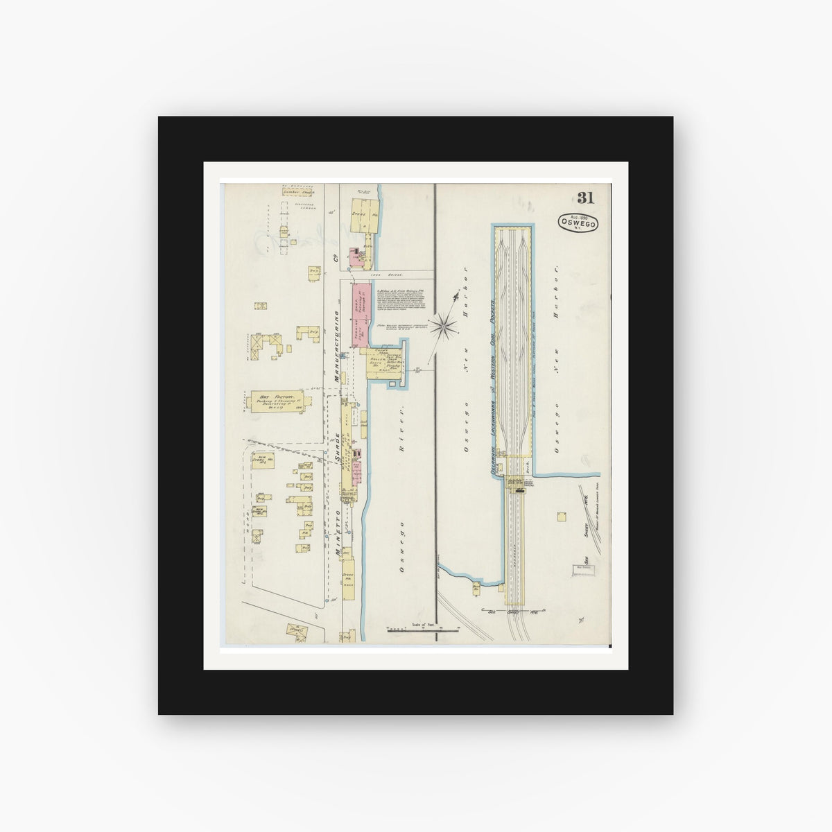 Old map wall art mockup — black gallery frame with white mat — Sanborn Fire Insurance Map from Oswego, Oswego County, New York (1890), Sheet #0031