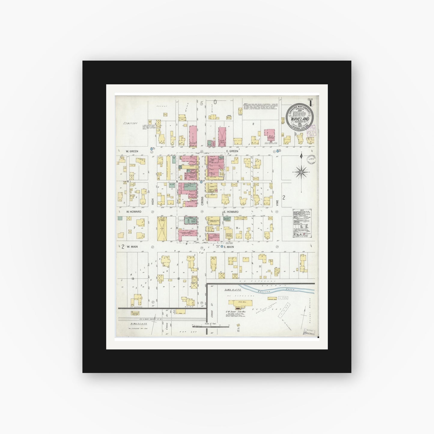 Old map wall art mockup — black gallery frame with white mat — Sanborn Fire Insurance Map from Waveland, Montgomery County, Indiana (1902) - Complete Map Set