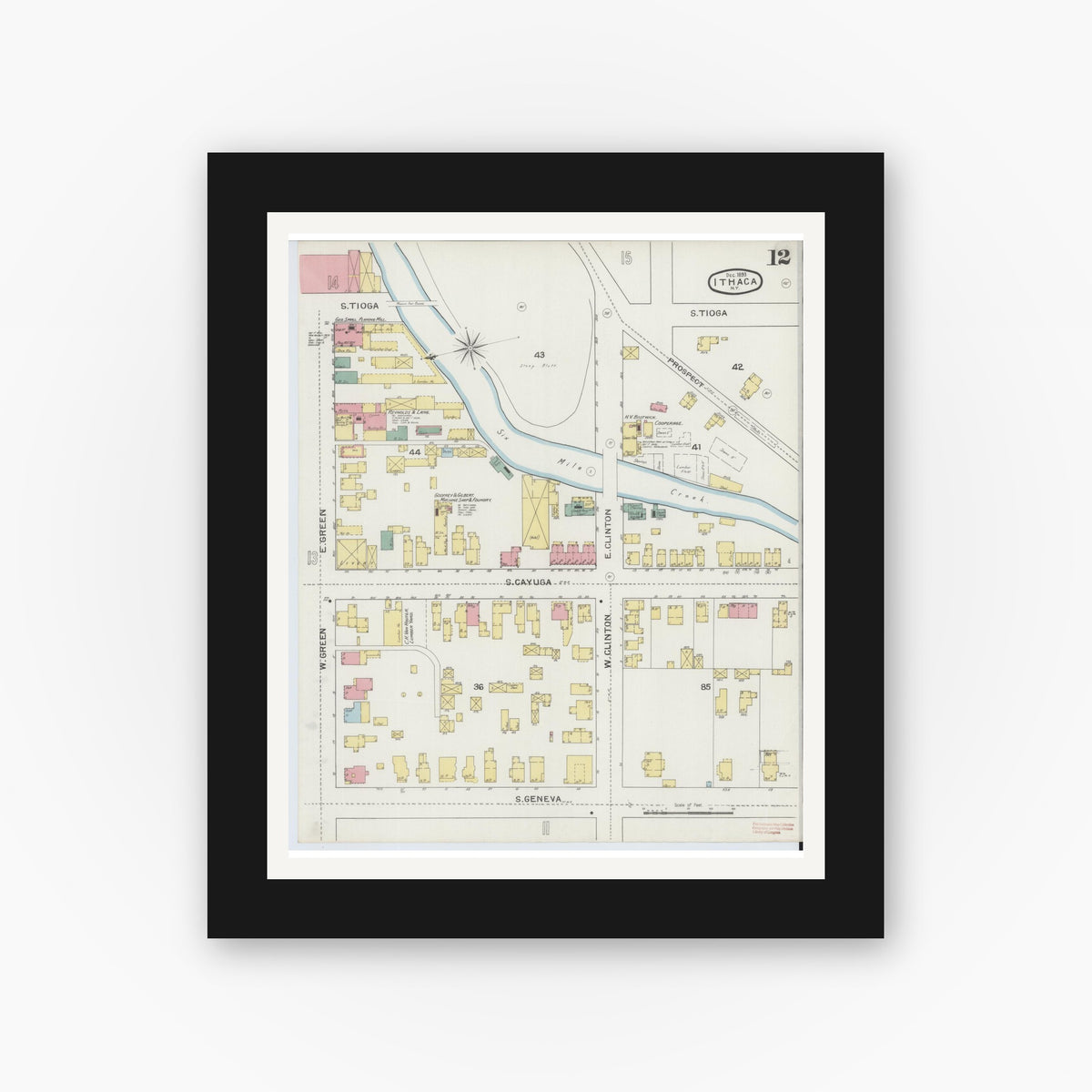 Old map wall art mockup — black gallery frame with white mat — Sanborn Fire Insurance Map from Ithaca, Tompkins County, New York (1893), Sheet #0012
