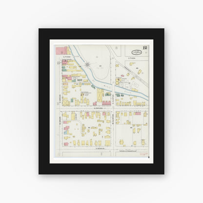 Old map wall art mockup — black gallery frame with white mat — Sanborn Fire Insurance Map from Ithaca, Tompkins County, New York (1893), Sheet #0012