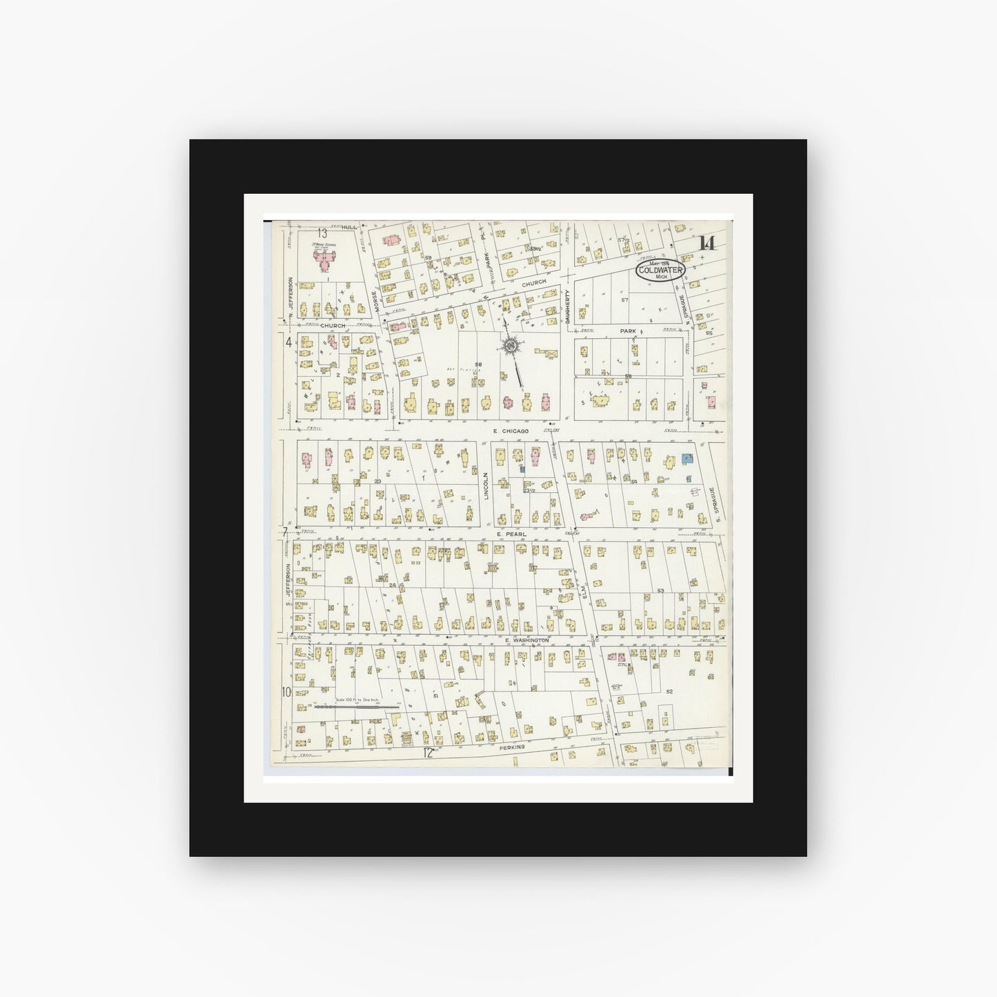 Old map wall art mockup — black gallery frame with white mat — Sanborn Fire Insurance Map from Coldwater, Branch County, Michigan (1914), Sheet #0014