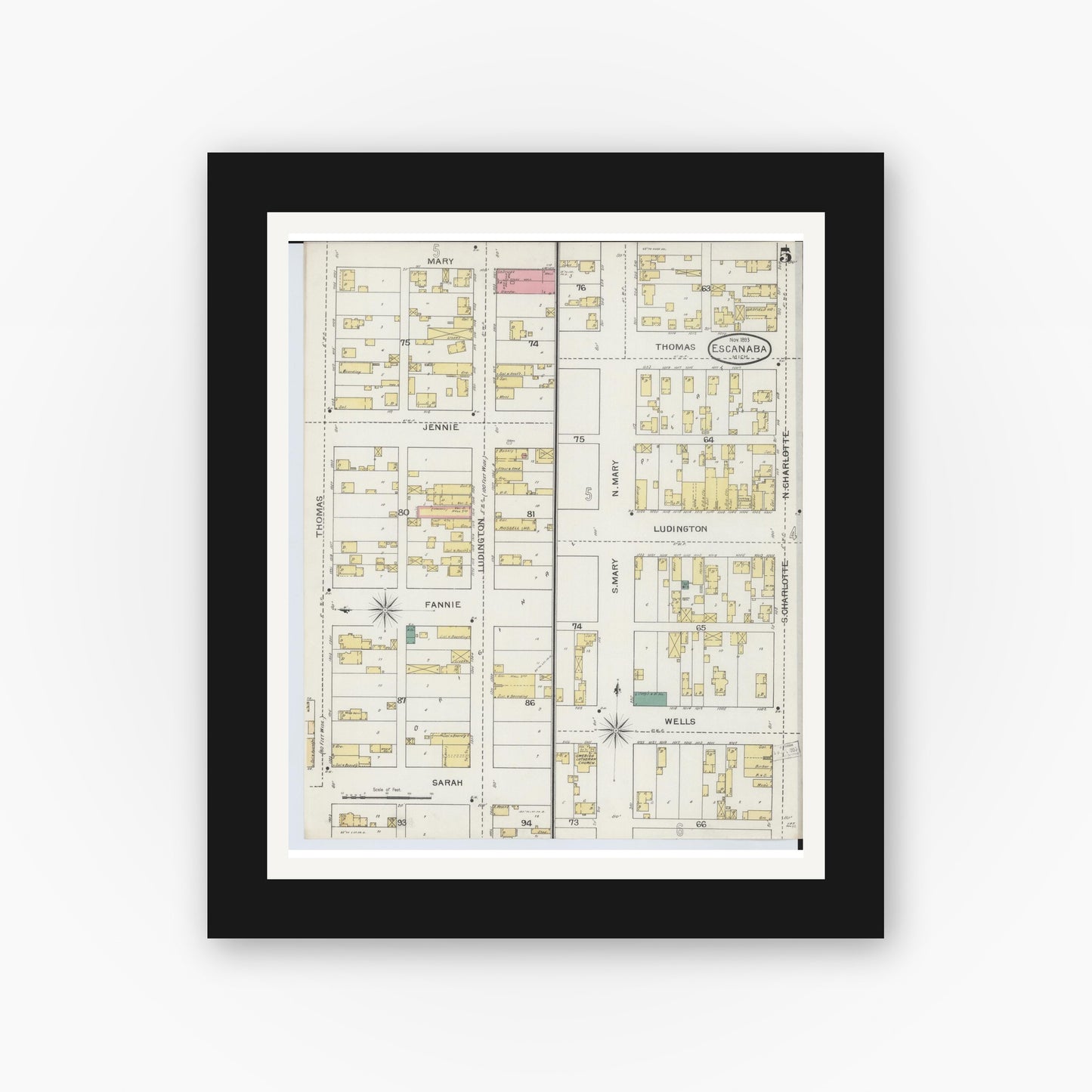 Old map wall art mockup — black gallery frame with white mat — Sanborn Fire Insurance Map from Escanaba, Delta County, Michigan (1893), Sheet #0005