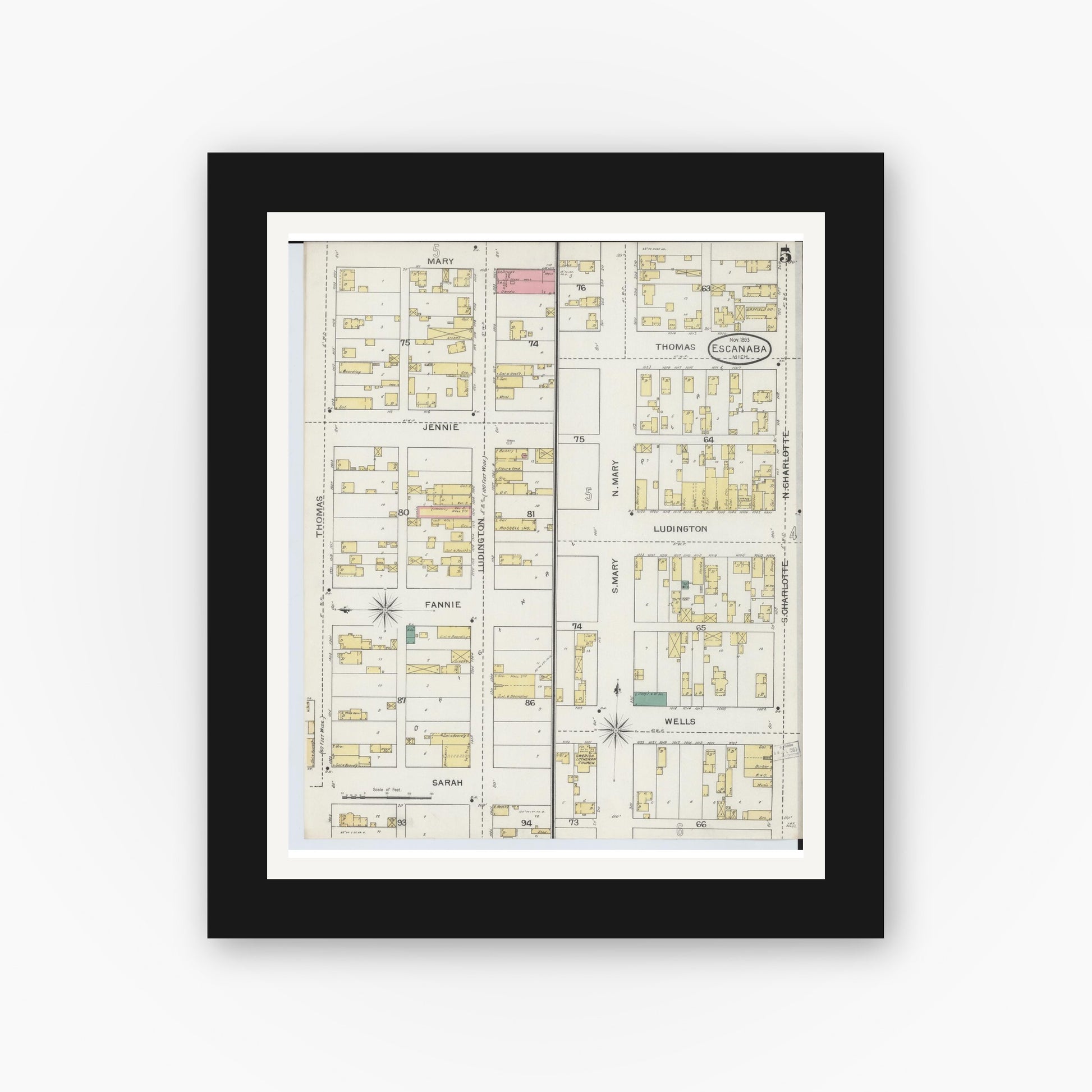 Old map wall art mockup — black gallery frame with white mat — Sanborn Fire Insurance Map from Escanaba, Delta County, Michigan (1893), Sheet #0005