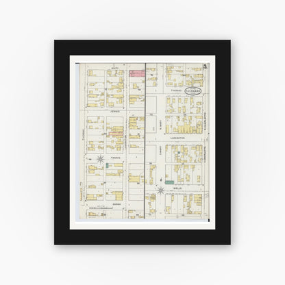 Old map wall art mockup — black gallery frame with white mat — Sanborn Fire Insurance Map from Escanaba, Delta County, Michigan (1893), Sheet #0005