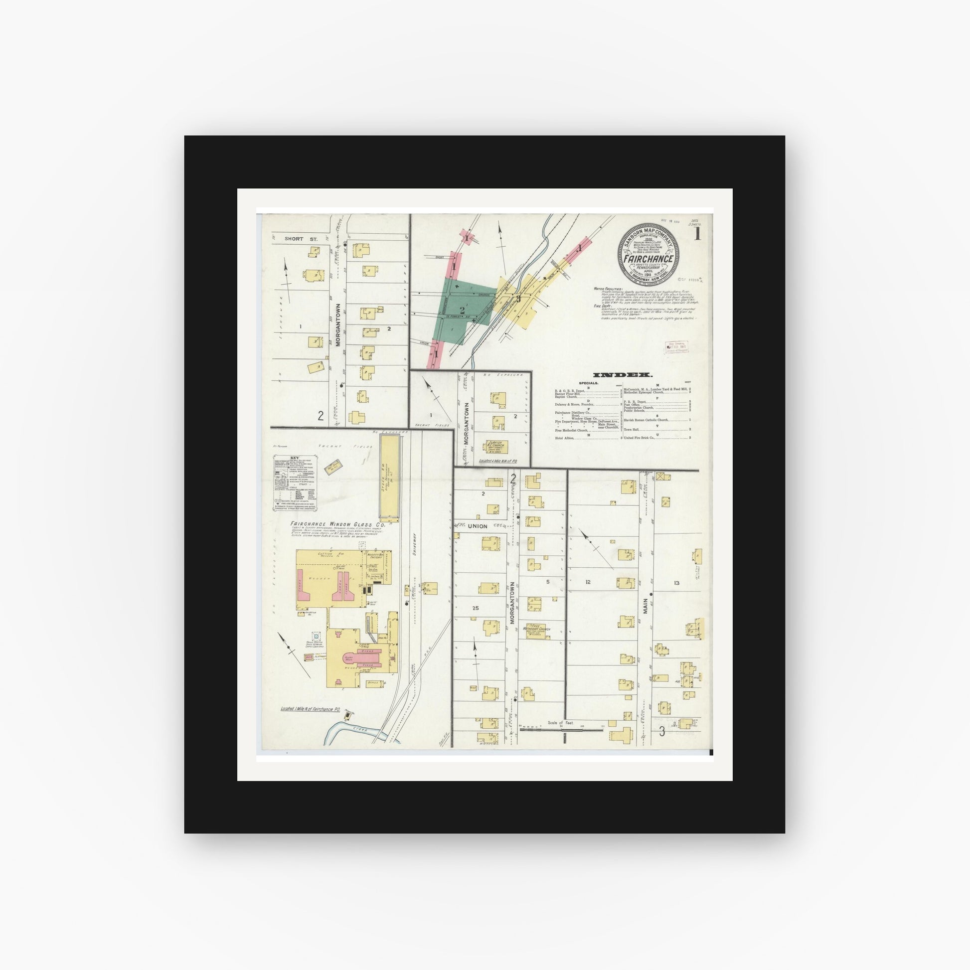 Old map wall art mockup — black gallery frame with white mat — Sanborn Fire Insurance Map from Fairchange, Fayette County, Pennsylvania (1911) - Complete Map Set
