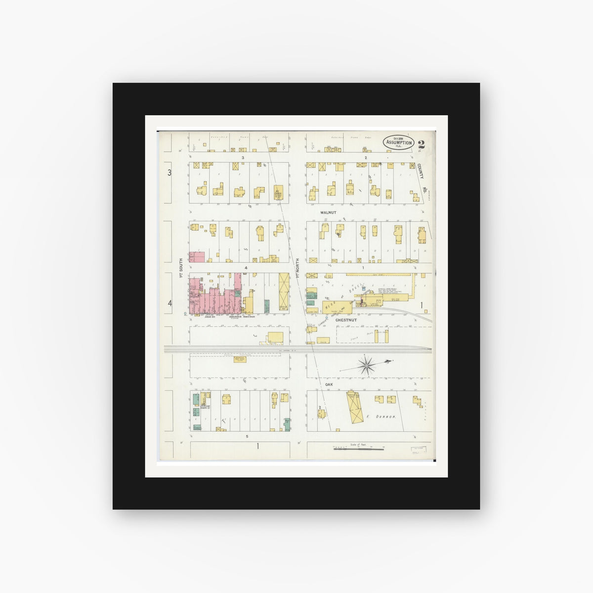 Old map wall art mockup — black gallery frame with white mat — Sanborn Fire Insurance Map from Assumption, Christian County, Illinois (1899), Sheet #0002
