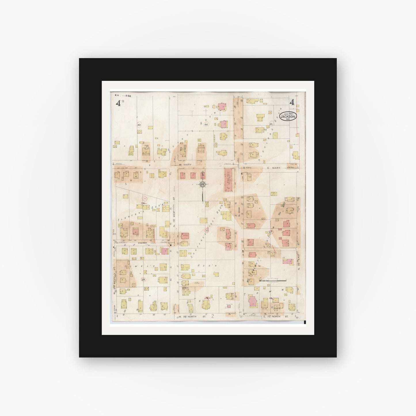 Old map wall art mockup — black gallery frame with white mat — Sanborn Fire Insurance Map from Jackson, Cape Girardeau County, Missouri (1941), Sheet #0004