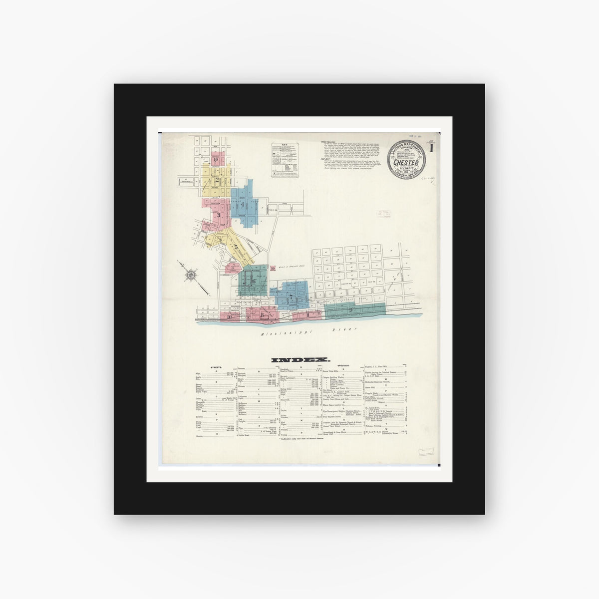 Old map wall art mockup — black gallery frame with white mat — Sanborn Fire Insurance Map from Chester, Randolph County, Illinois (1911) - Complete Map Set