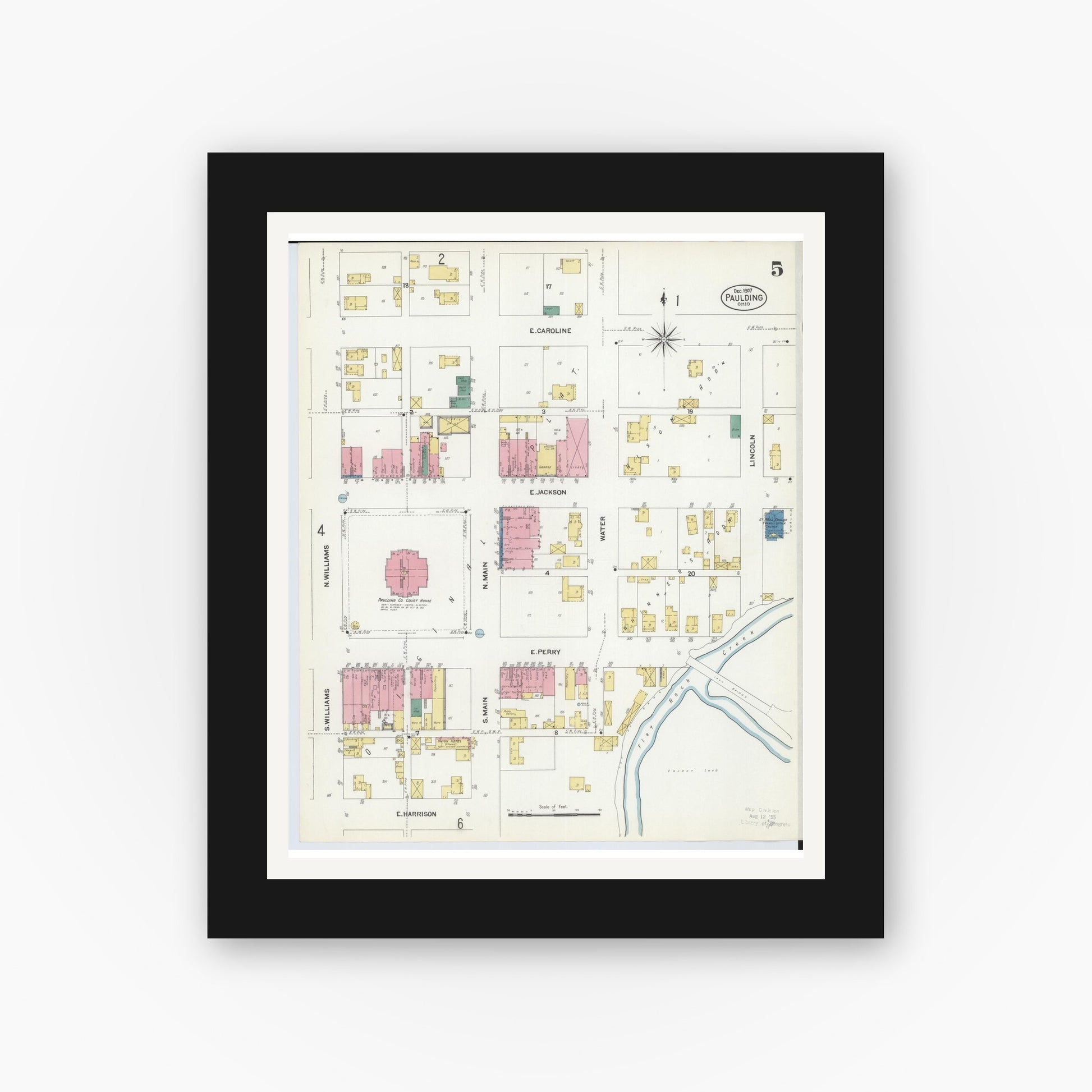 Old map wall art mockup — black gallery frame with white mat — Sanborn Fire Insurance Map from Paulding, Paulding County, Ohio (1907), Sheet #0005