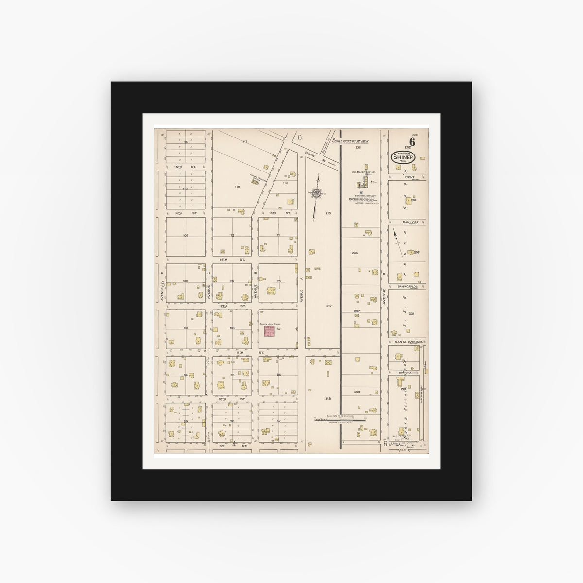 Old map wall art mockup — black gallery frame with white mat — Sanborn Fire Insurance Map from Shiner, Lavaca County, Texas (1922), Sheet #0006