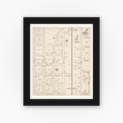 Old map wall art mockup — black gallery frame with white mat — Sanborn Fire Insurance Map from Shiner, Lavaca County, Texas (1922), Sheet #0006