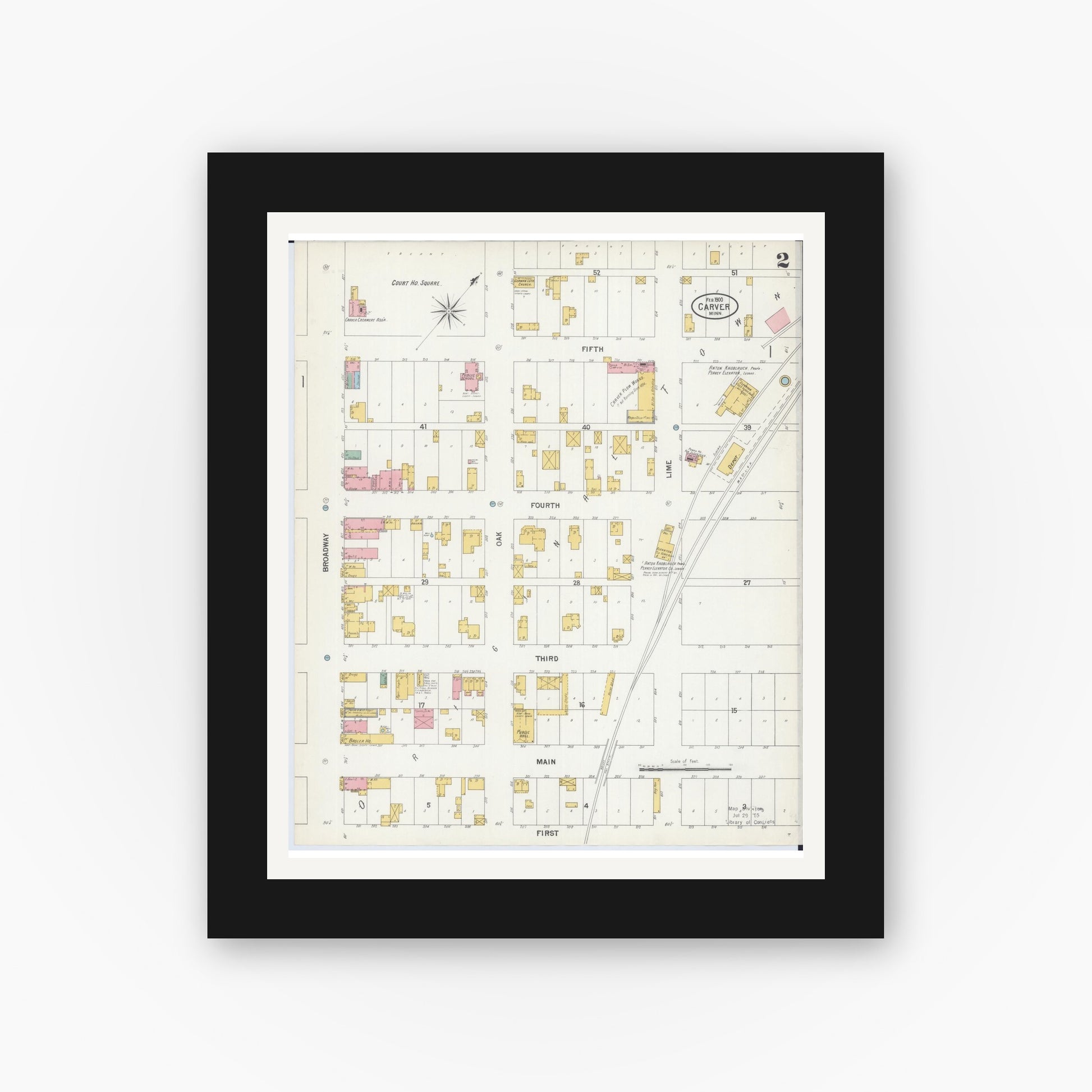 Old map wall art mockup — black gallery frame with white mat — Sanborn Fire Insurance Map from Carver, Carver County, Minnesota (1900), Sheet #0002