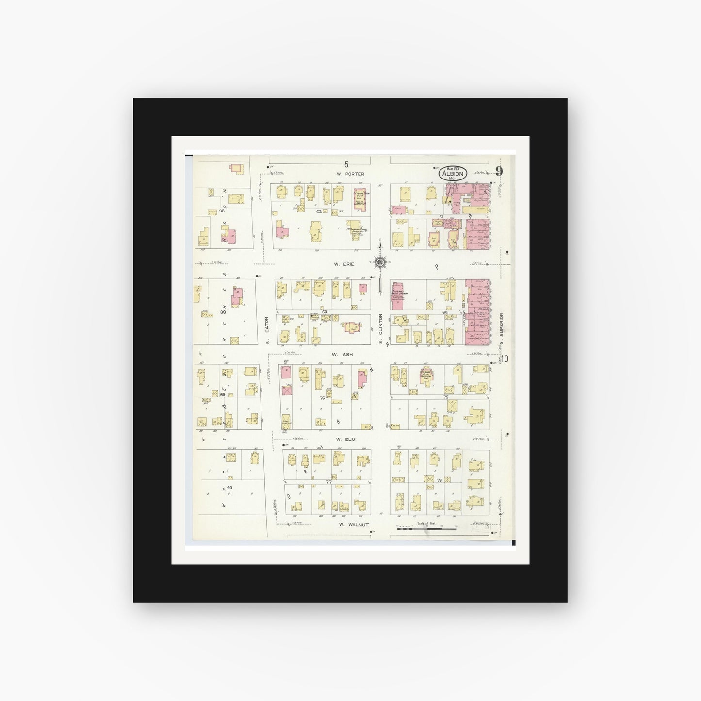 Old map wall art mockup — black gallery frame with white mat — Sanborn Fire Insurance Map from Albion, Calhoun County, Michigan (1913), Sheet #0009