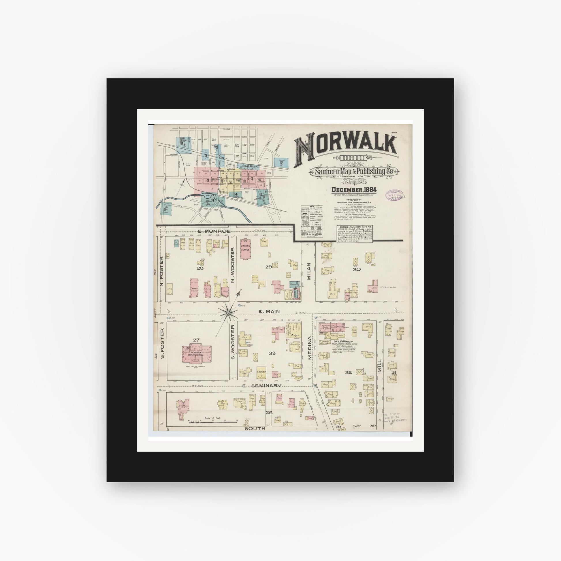 Old map wall art mockup — black gallery frame with white mat — Sanborn Fire Insurance Map from Norwalk, Huron County, Ohio (1884) - Complete Map Set