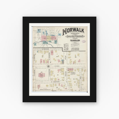 Old map wall art mockup — black gallery frame with white mat — Sanborn Fire Insurance Map from Norwalk, Huron County, Ohio (1884) - Complete Map Set
