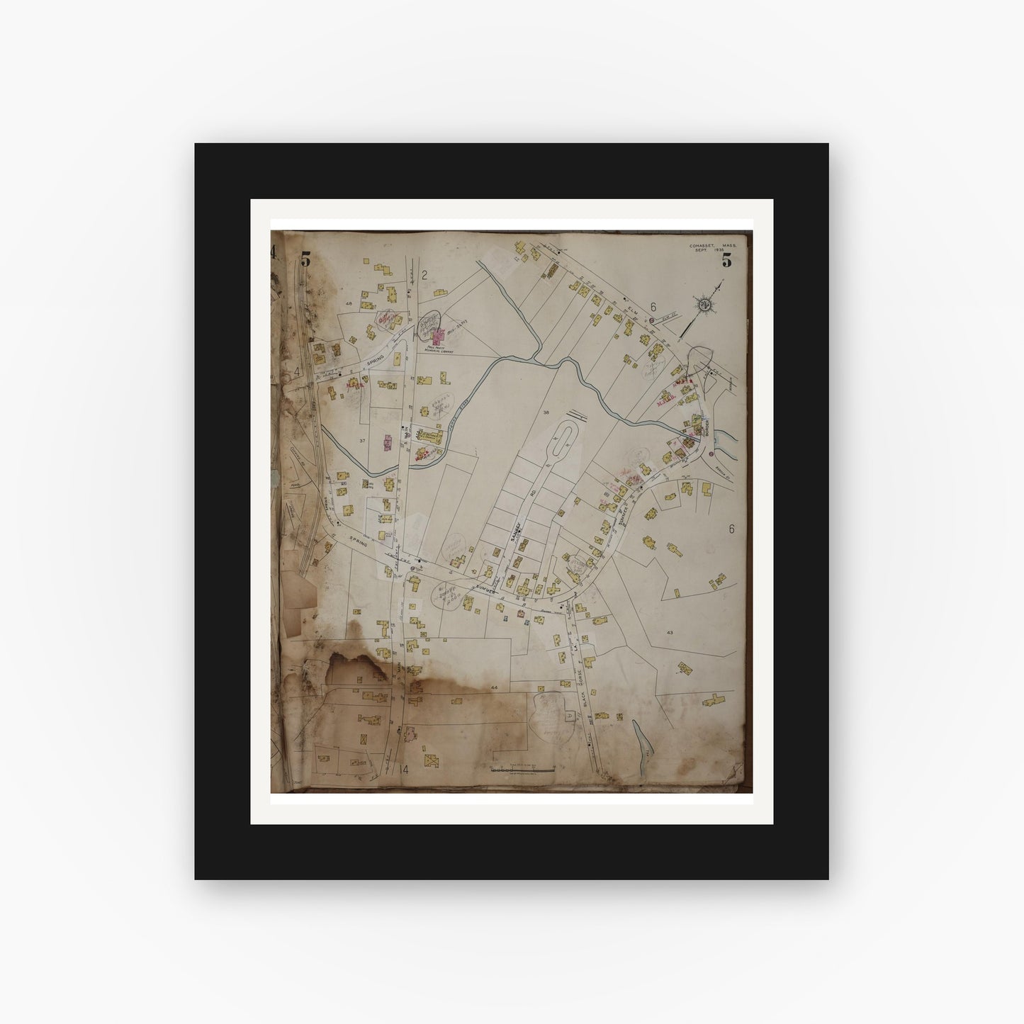 Old map wall art mockup — black gallery frame with white mat — Sanborn Fire Insurance Map from Cohasset, Norfolk County, Massachusetts (1963), Sheet #0005