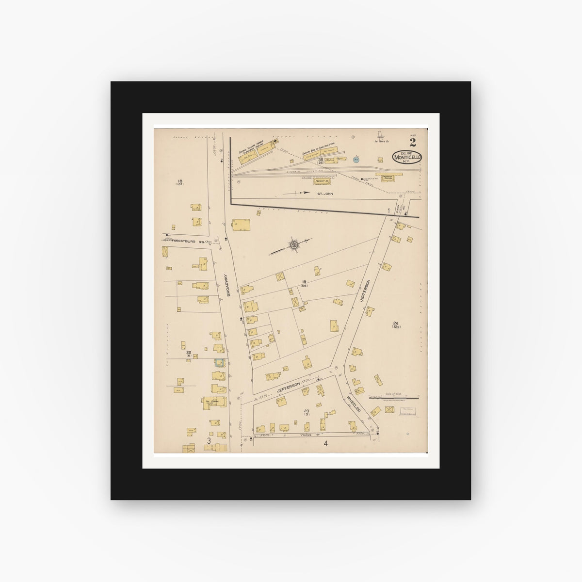 Old map wall art mockup — black gallery frame with white mat — Sanborn Fire Insurance Map from Monticello, Sullivan County, New York (1921), Sheet #0002