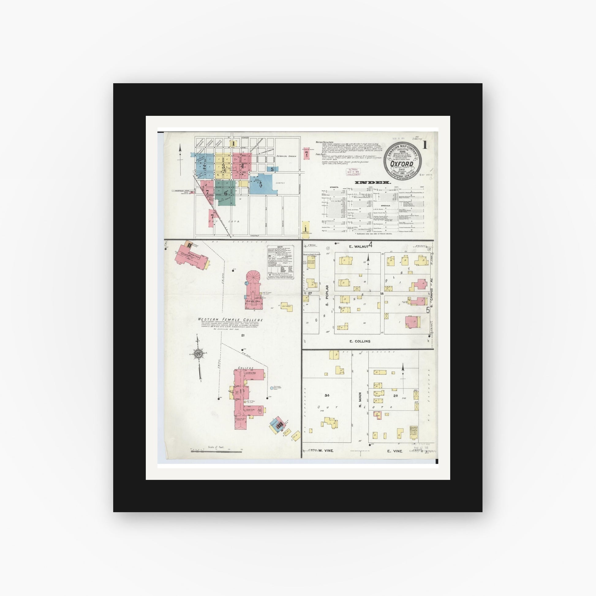 Old map wall art mockup — black gallery frame with white mat — Sanborn Fire Insurance Map from Oxford, Butler County, Ohio (1911), Sheet #0001