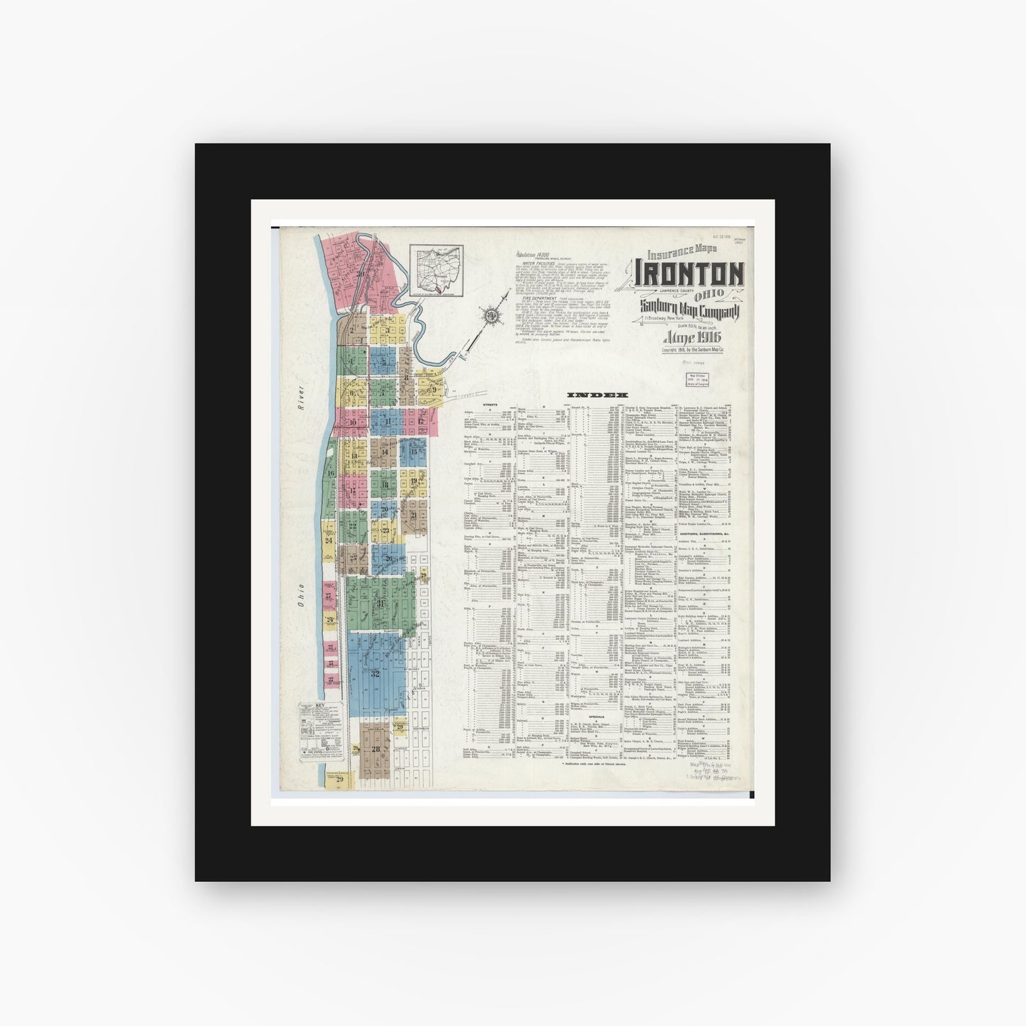 Old map wall art mockup — black gallery frame with white mat — Sanborn Fire Insurance Map from Ironton, Lawrence County, Ohio (1916) - Complete Map Set