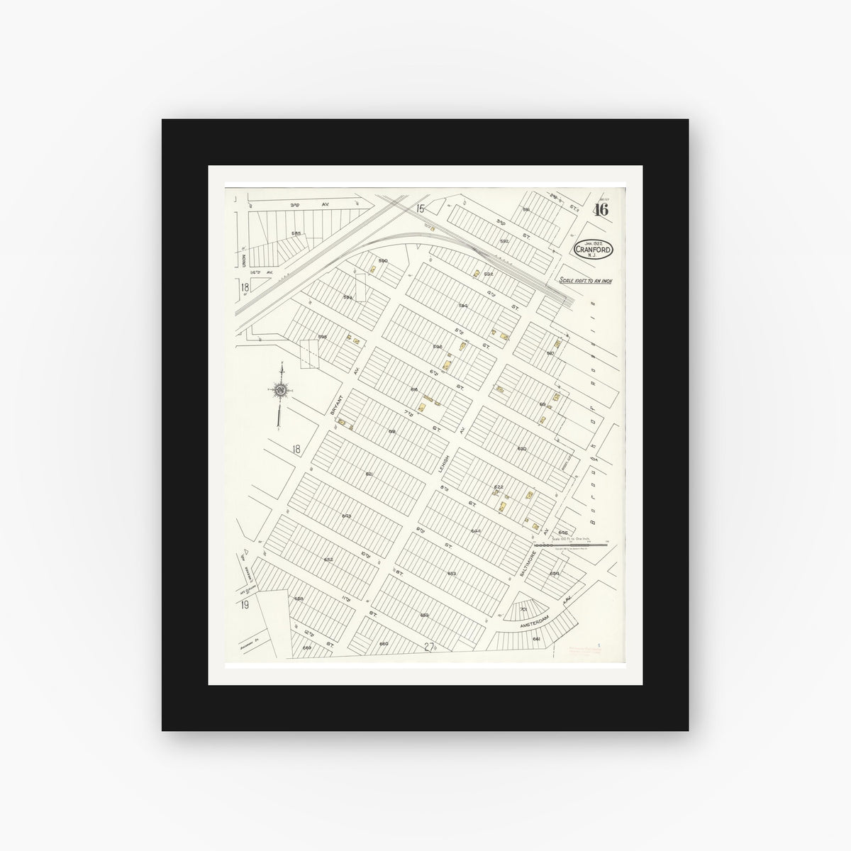 Old map wall art mockup — black gallery frame with white mat — Sanborn Fire Insurance Map from Cranford, Union County, New Jersey (1922), Sheet #0016