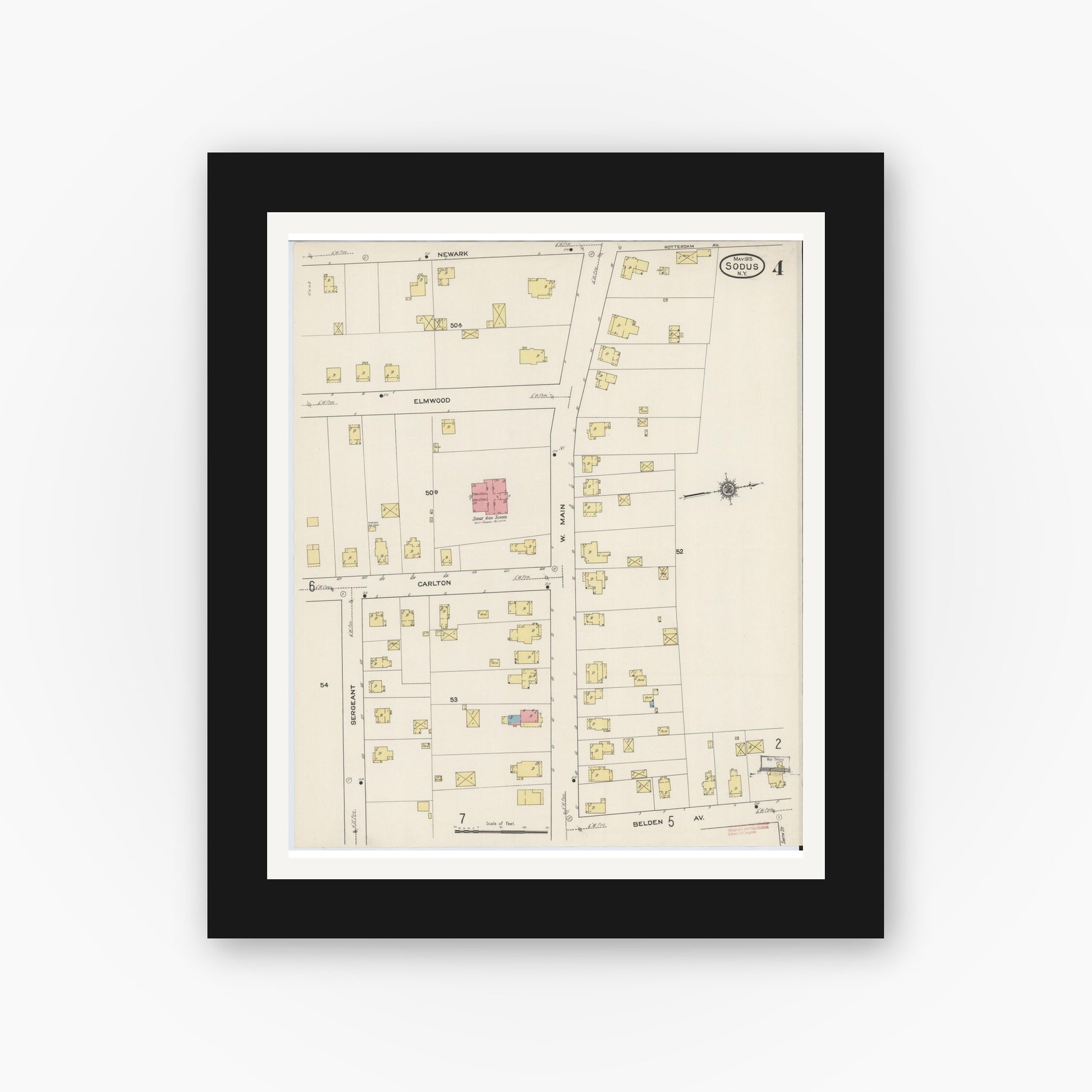 Old map wall art mockup — black gallery frame with white mat — Sanborn Fire Insurance Map from Sodus, Wayne County, New York (1915), Sheet #0004