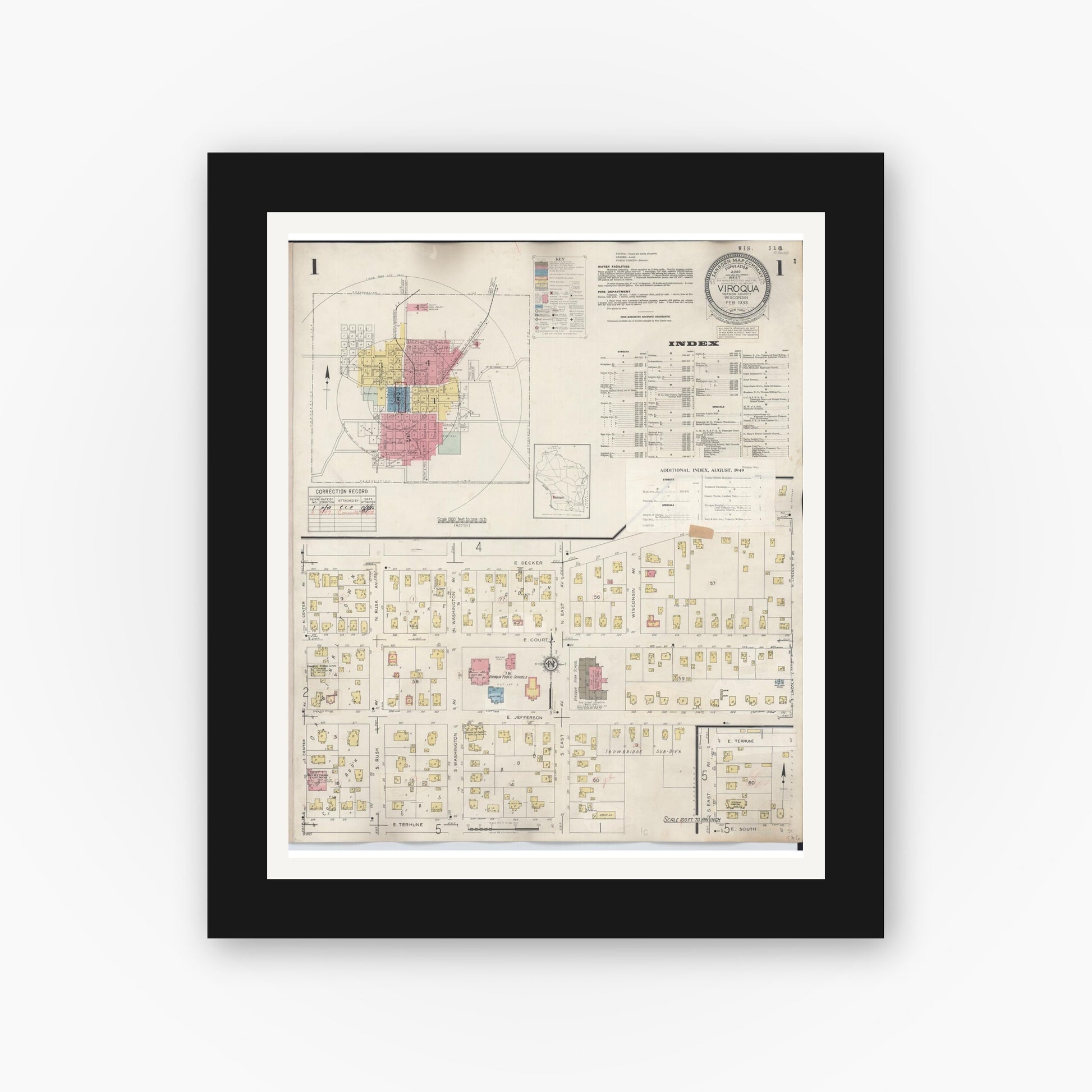 Old map wall art mockup — black gallery frame with white mat — Sanborn Fire Insurance Map from Viroqua, Vernon County, Wisconsin (1949) - Complete Map Set