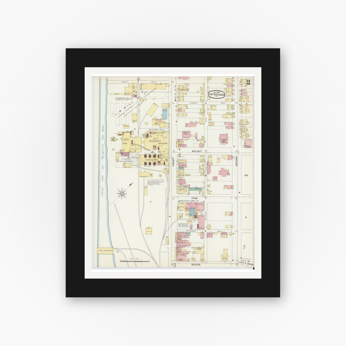 Old map wall art mockup — black gallery frame with white mat — Sanborn Fire Insurance Map from Catasauqua, Lehigh County, Pennsylvania (1896), Sheet #0002