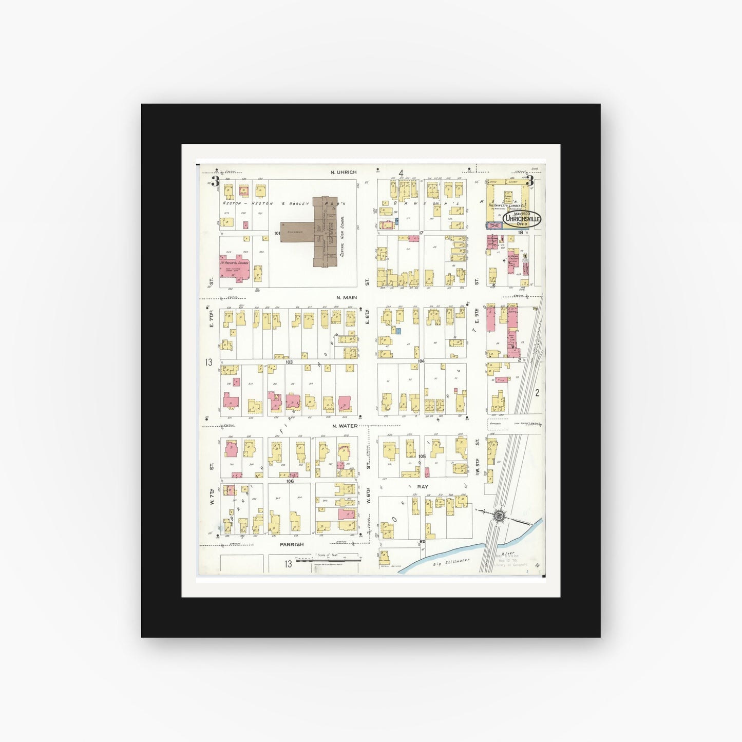 Old map wall art mockup — black gallery frame with white mat — Sanborn Fire Insurance Map from Uhrichsville, Tuscarawas County, Ohio (1923), Sheet #0003