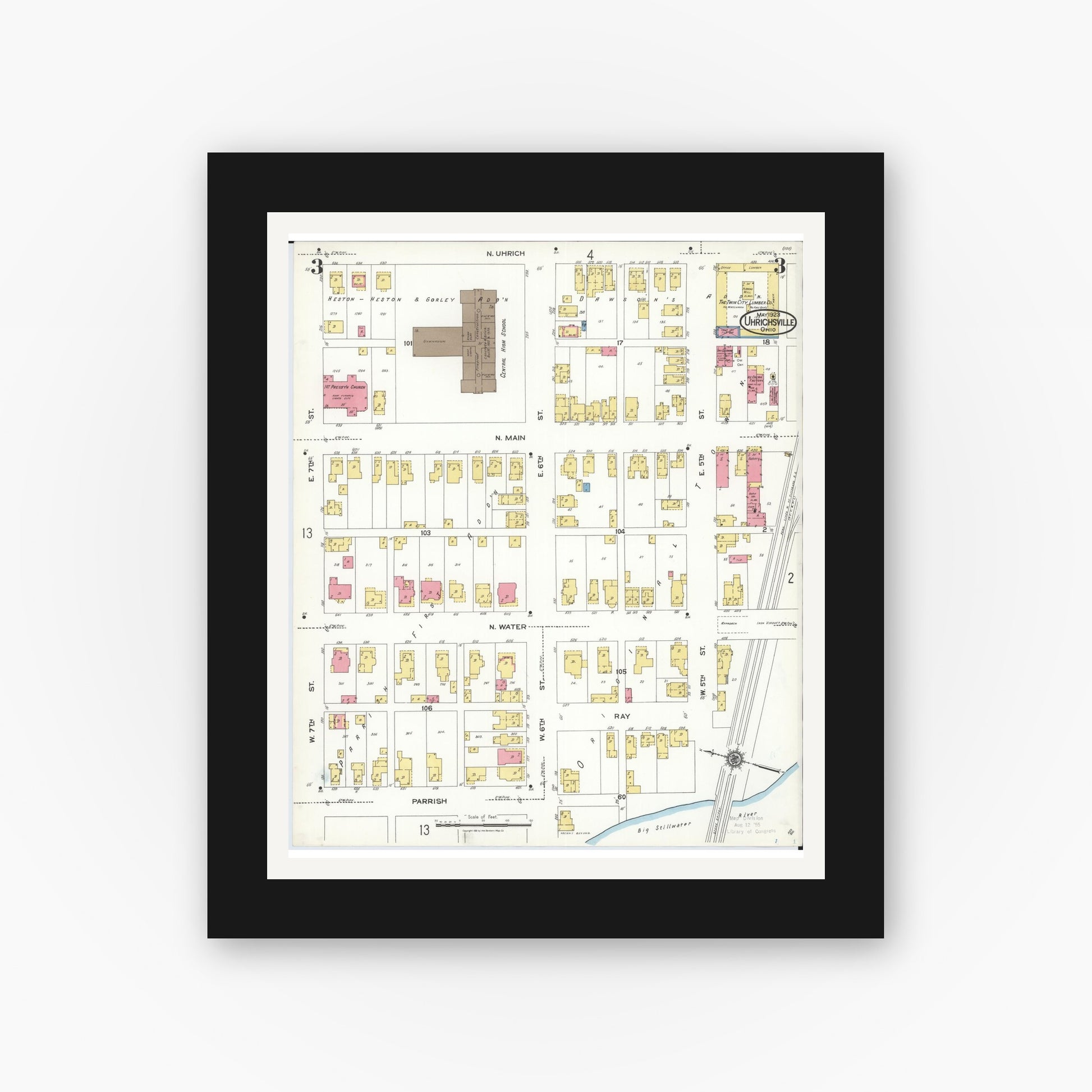 Old map wall art mockup — black gallery frame with white mat — Sanborn Fire Insurance Map from Uhrichsville, Tuscarawas County, Ohio (1923), Sheet #0003