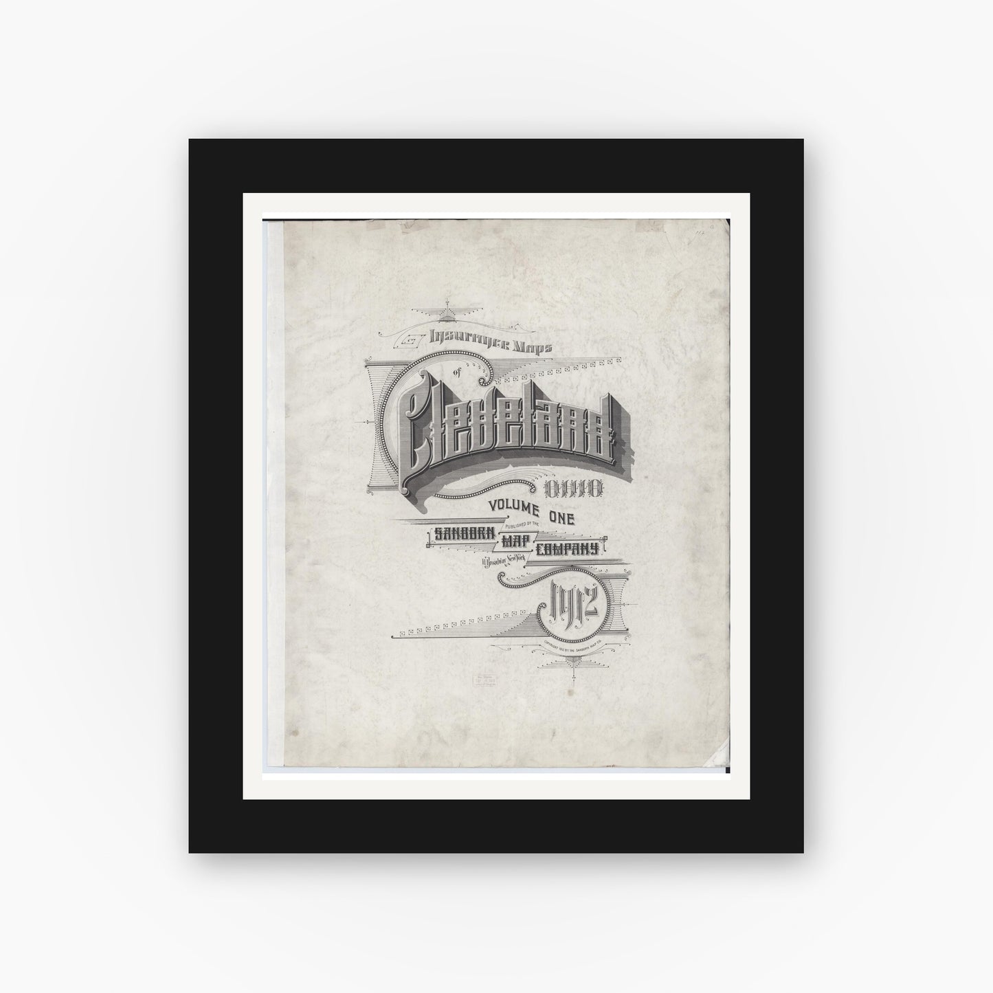 Old map wall art mockup — black gallery frame with white mat — Sanborn Fire Insurance Map from Cleveland, Cuyahoga County, Ohio (1912), Sheet #0001