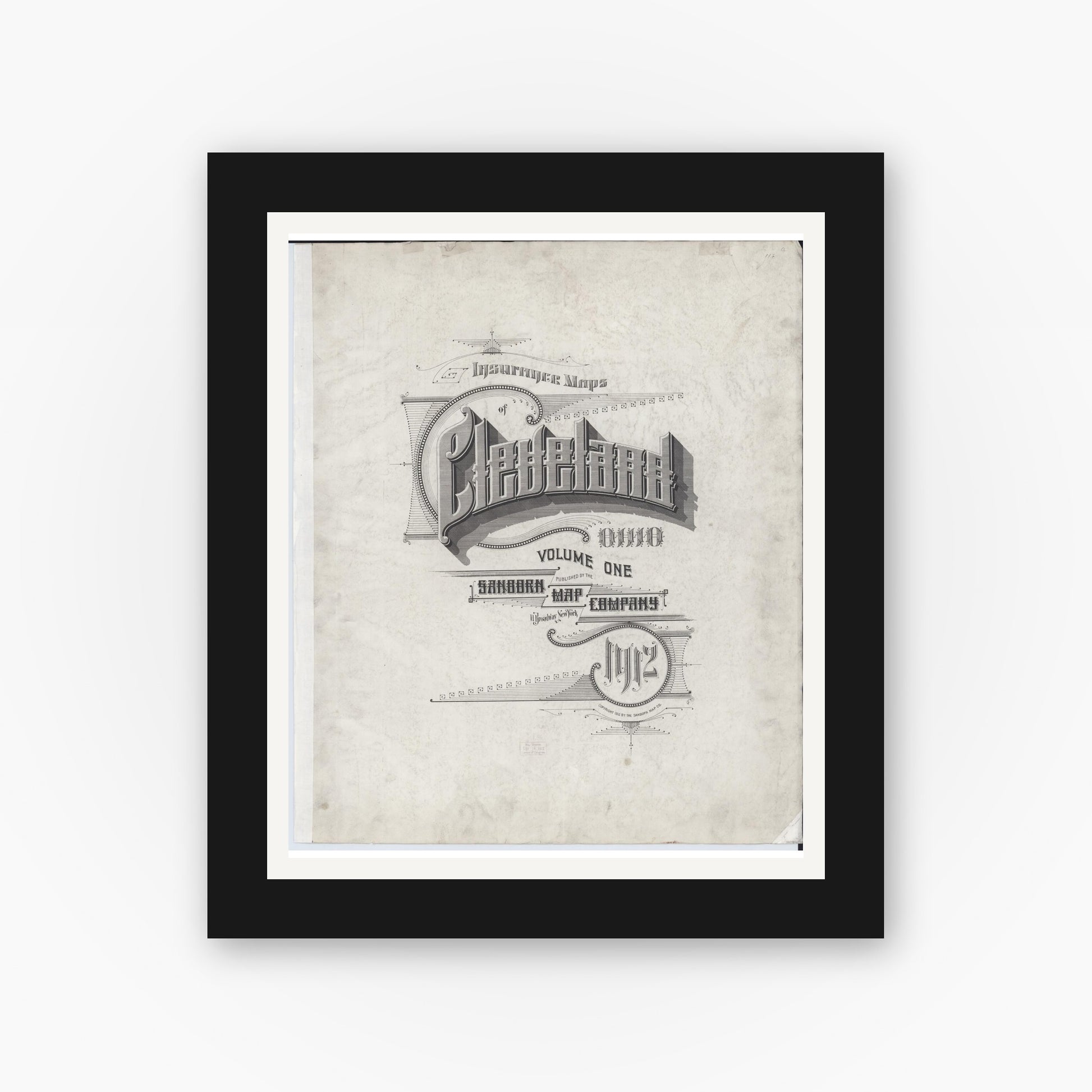 Old map wall art mockup — black gallery frame with white mat — Sanborn Fire Insurance Map from Cleveland, Cuyahoga County, Ohio (1912), Sheet #0001