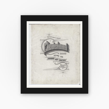 Old map wall art mockup — black gallery frame with white mat — Sanborn Fire Insurance Map from Cleveland, Cuyahoga County, Ohio (1912), Sheet #0001