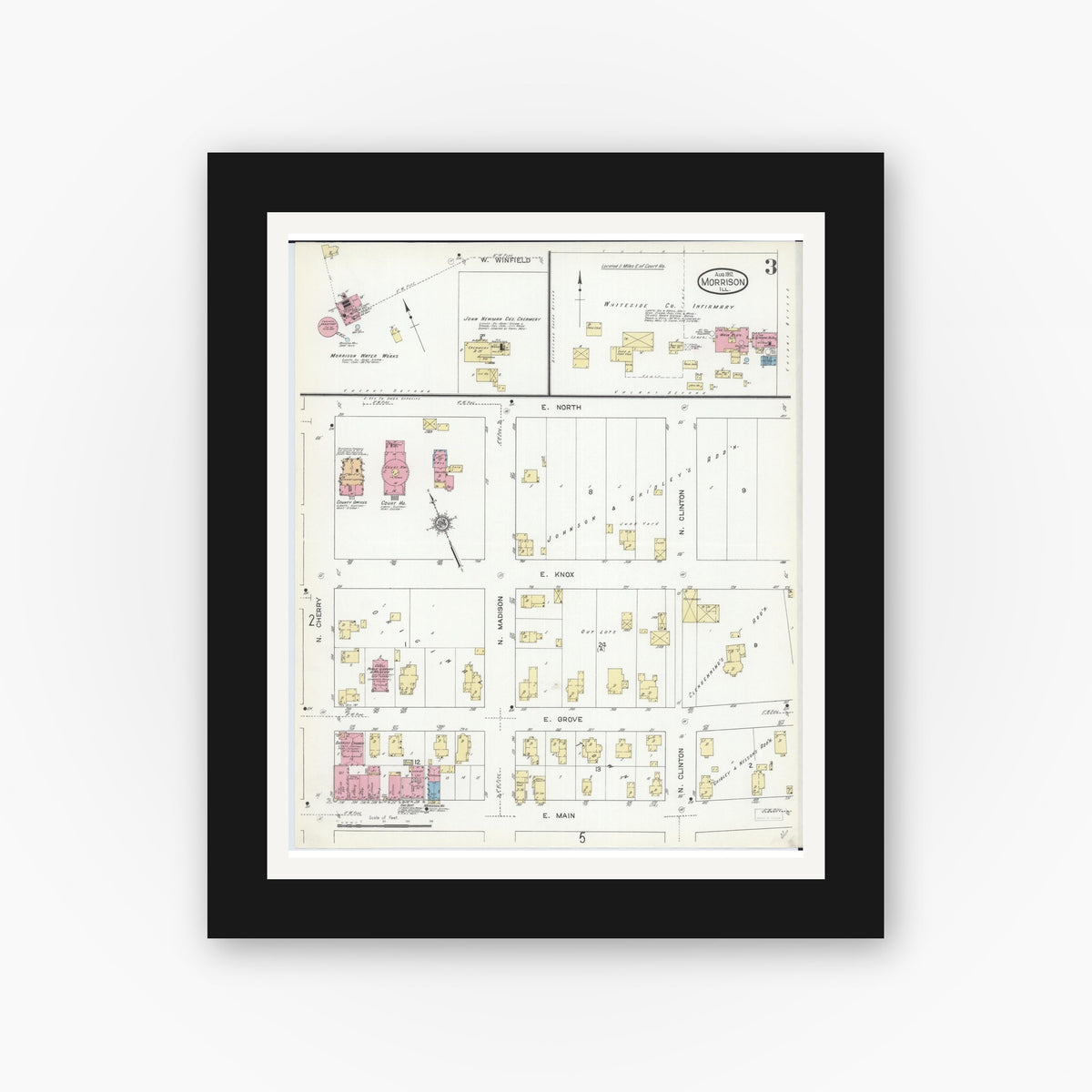 Old map wall art mockup — black gallery frame with white mat — Sanborn Fire Insurance Map from Morrison, Whiteside County, Illinois (1912), Sheet #0003