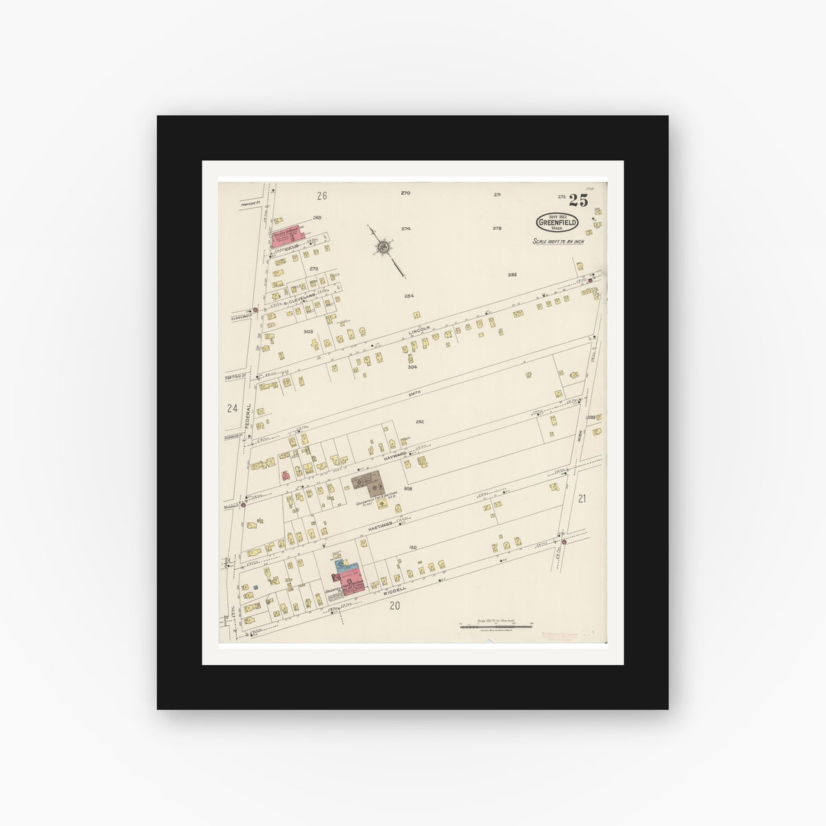 Old map wall art mockup — black gallery frame with white mat — Sanborn Fire Insurance Map from Greenfield, Franklin County, Massachusetts (1922), Sheet #0025