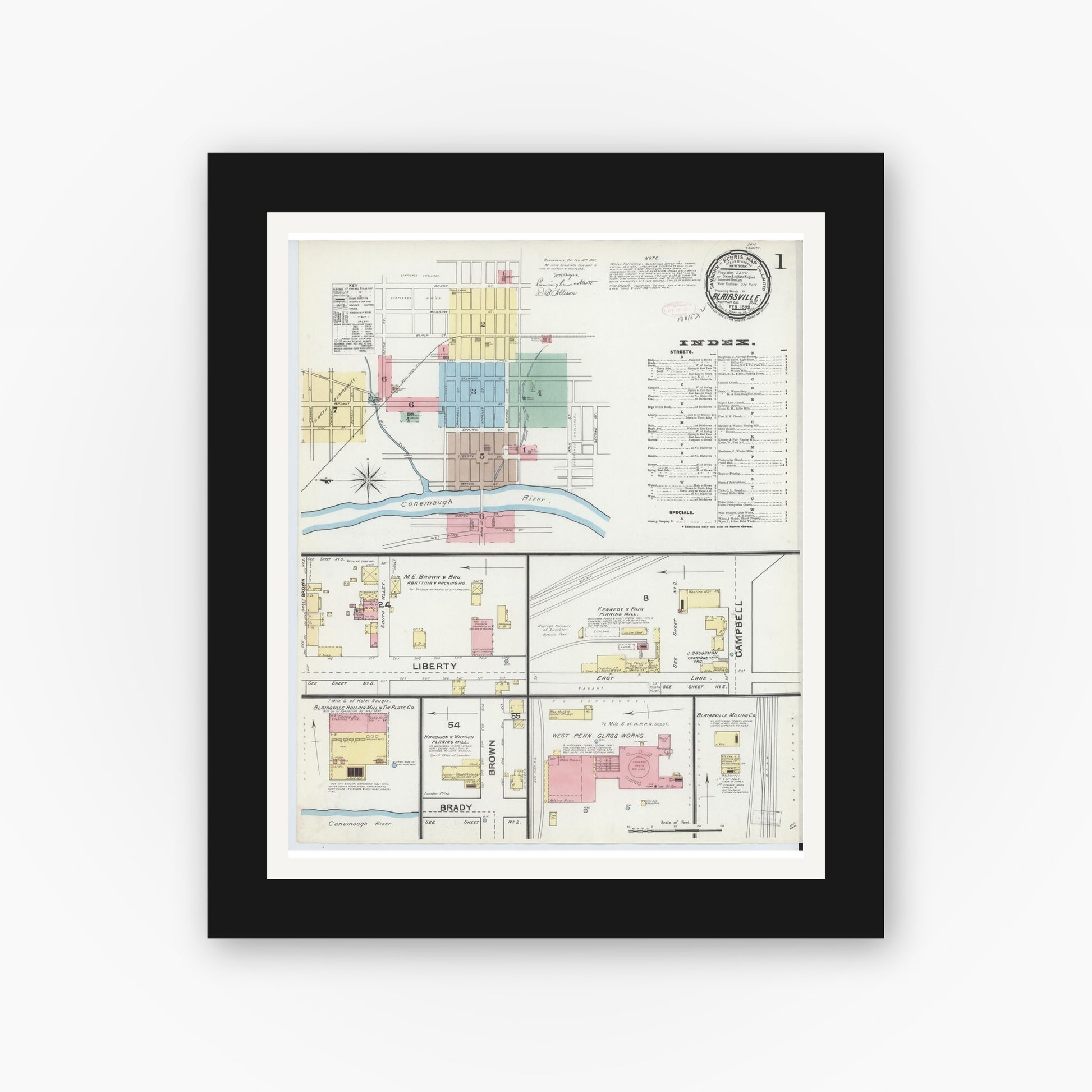 Old map wall art mockup — black gallery frame with white mat — Sanborn Fire Insurance Map from Blairsville, Indiana County, Pennsylvania (1892), Sheet #0001