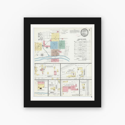 Old map wall art mockup — black gallery frame with white mat — Sanborn Fire Insurance Map from Blairsville, Indiana County, Pennsylvania (1892), Sheet #0001