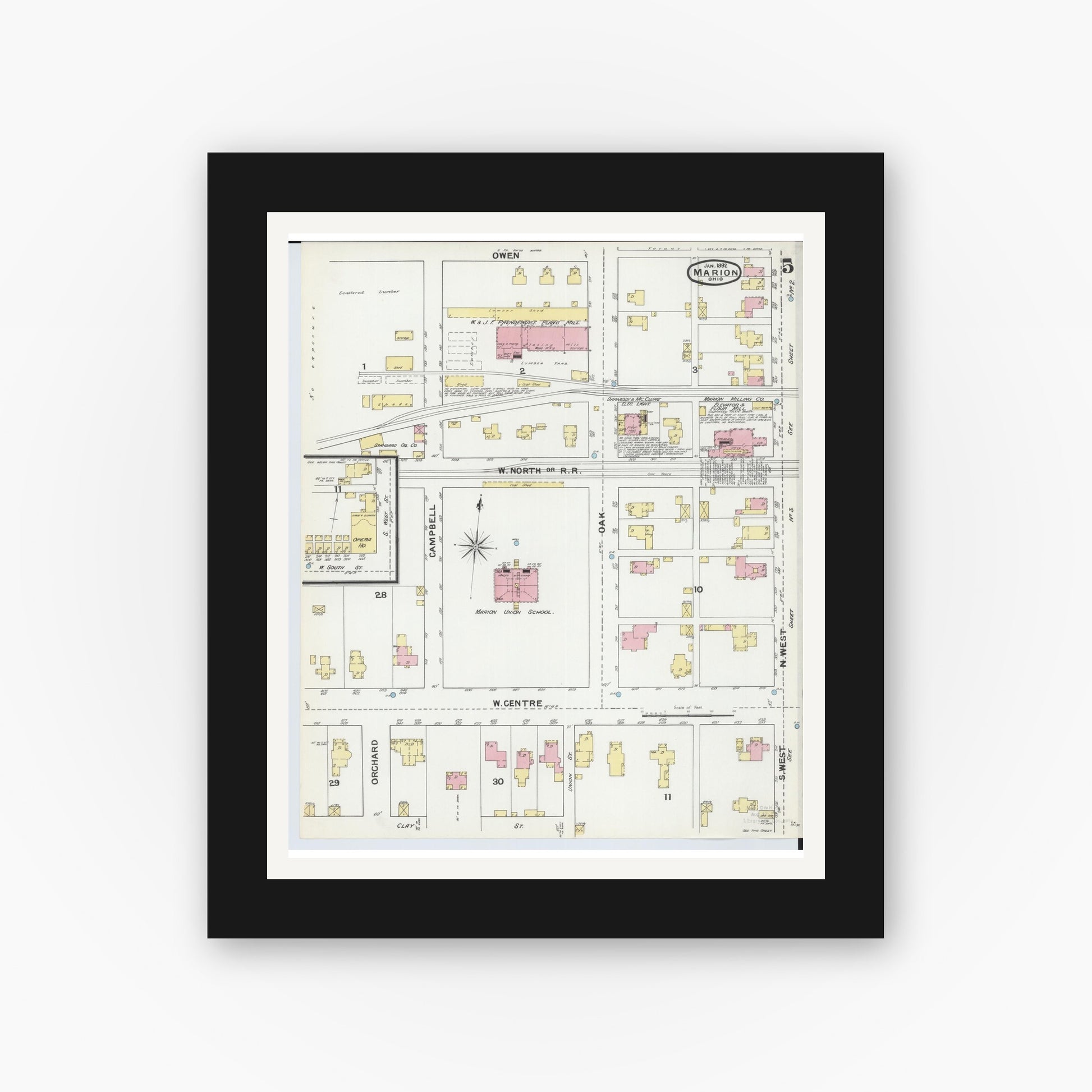 Old map wall art mockup — black gallery frame with white mat — Sanborn Fire Insurance Map from Marion, Marion County, Ohio (1892), Sheet #0005
