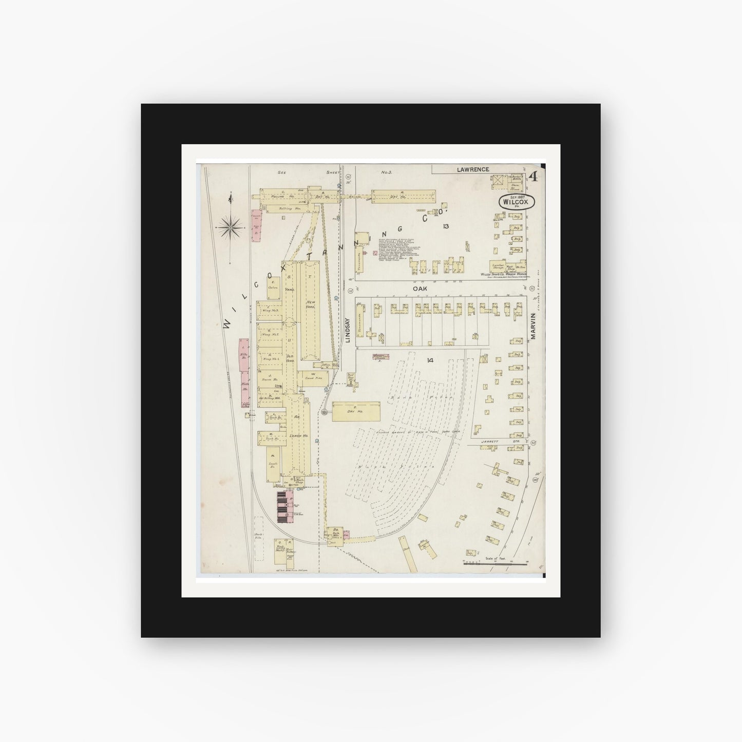 Old map wall art mockup — black gallery frame with white mat — Sanborn Fire Insurance Map from Wilcox, Elk County, Pennsylvania (1887), Sheet #0004