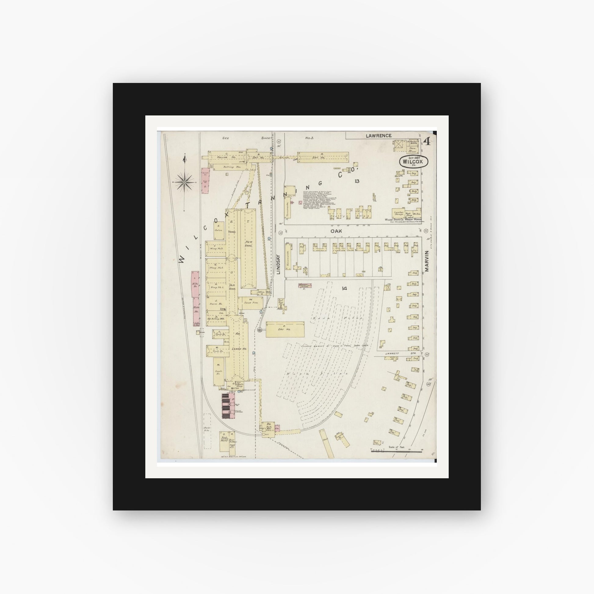 Old map wall art mockup — black gallery frame with white mat — Sanborn Fire Insurance Map from Wilcox, Elk County, Pennsylvania (1887), Sheet #0004