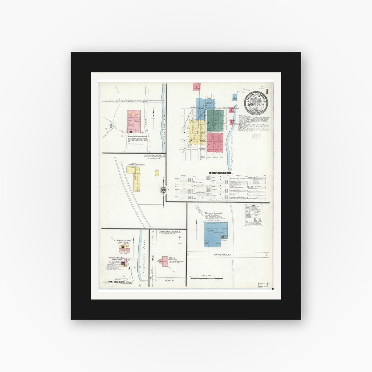 Old map wall art mockup — black gallery frame with white mat — Sanborn Fire Insurance Map from Monticello, White County, Indiana (1909) - Complete Map Set