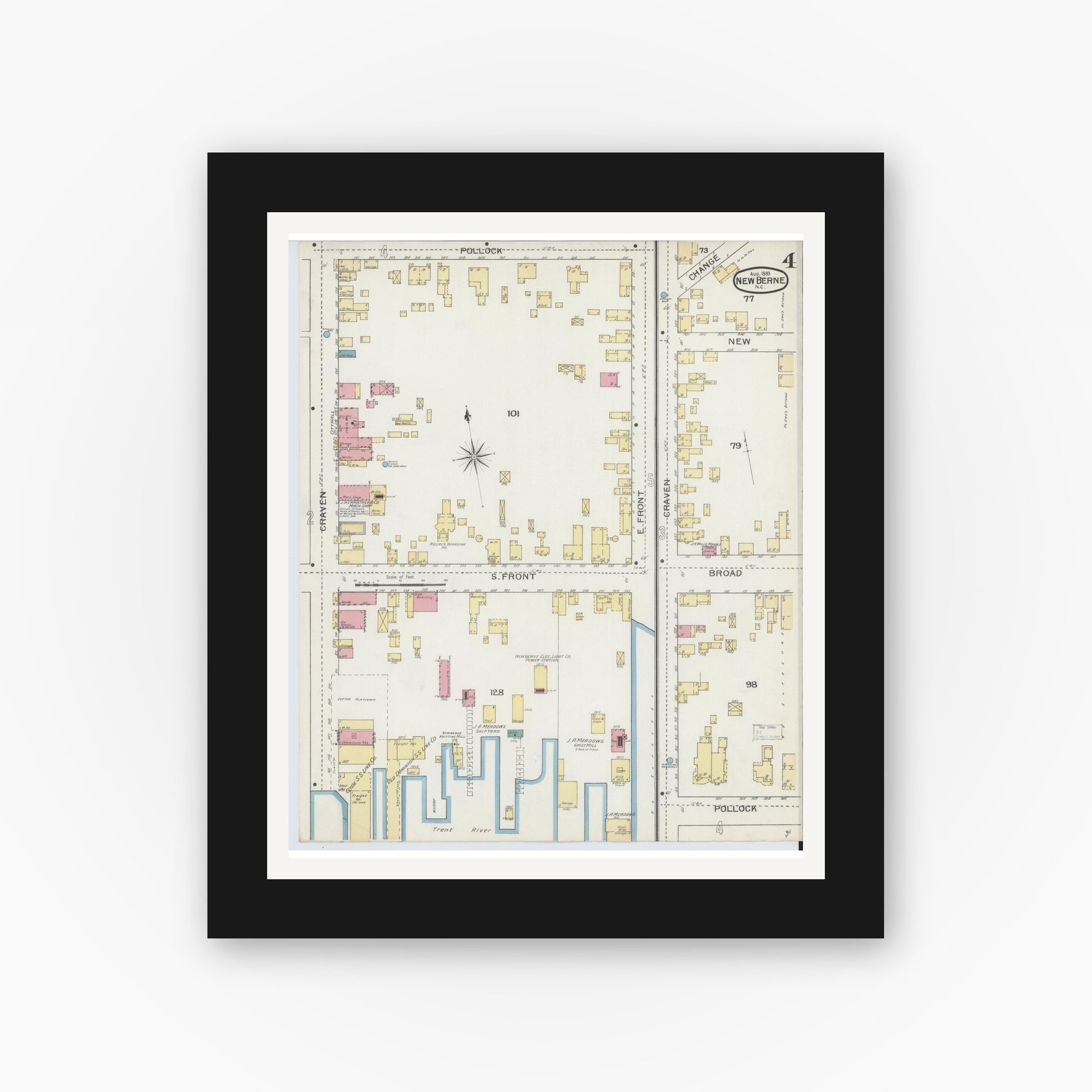 Old map wall art mockup — black gallery frame with white mat — Sanborn Fire Insurance Map from New Bern, Craven County, North Carolina (1893), Sheet #0004