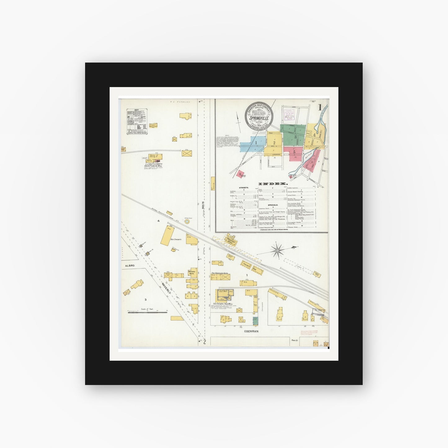 Old map wall art mockup — black gallery frame with white mat — Sanborn Fire Insurance Map from Springville, Erie County, New York (1904), Sheet #0001