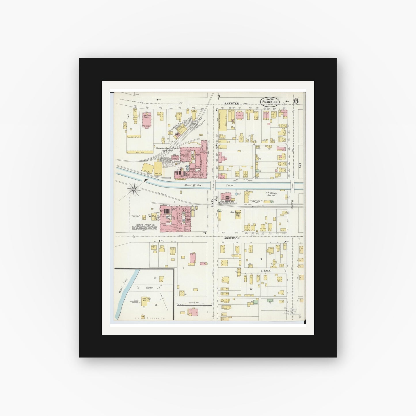 Old map wall art mockup — black gallery frame with white mat — Sanborn Fire Insurance Map from Franklin, Warren County, Ohio (1898), Sheet #0006