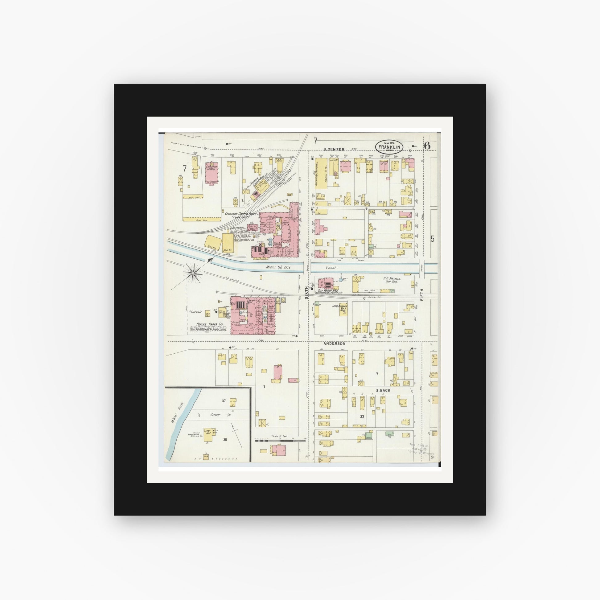 Old map wall art mockup — black gallery frame with white mat — Sanborn Fire Insurance Map from Franklin, Warren County, Ohio (1898), Sheet #0006